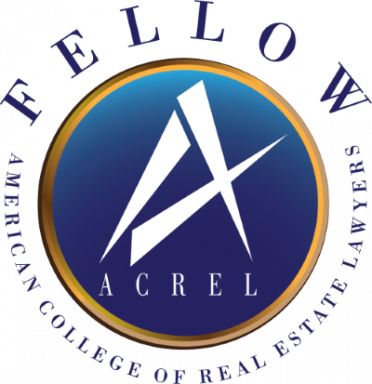ACREL logo that is a circle in Dark blue with gold outlining and a large white A in the center. American College of Real Estate Lawyers